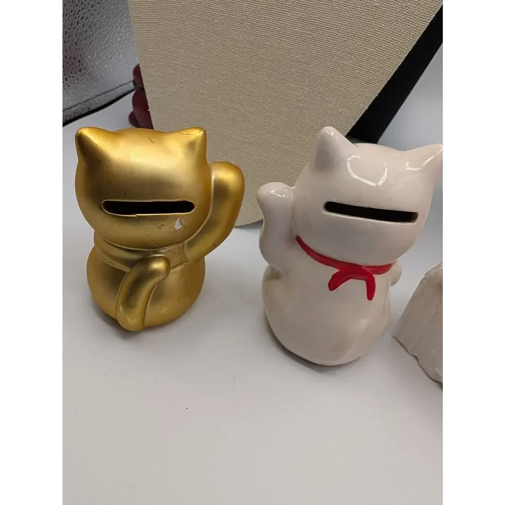 Pair Maneki-Neko Lucky Cat Piggy Bank Figurines Gold & White Ceramic Daiso READ